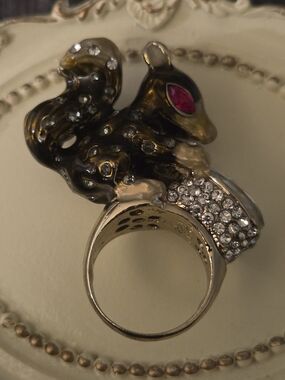 Signed Marking Statement Squirrel Cocktail Ring with Pink Eye and Clear Crystals
